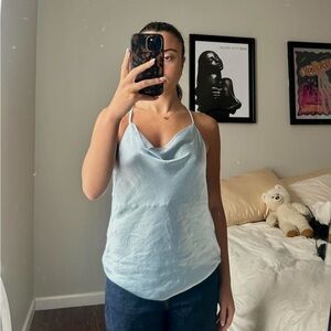 Light Blue Satin Cowl Neck Camisole Top - Women